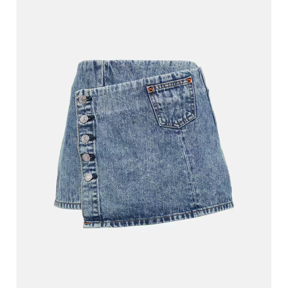 Re/Done Womens Button Front Mini Denim Wrap Skirt Acid Blue Size 27 - Picture 1 of 11